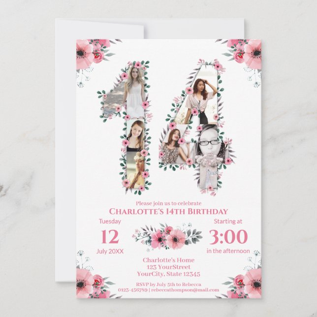 14th Birthday Girl Photo Collage Pink Flower White Invitation (Front)