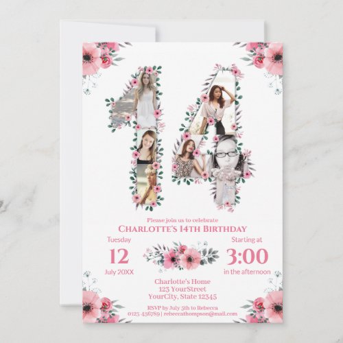 14th Birthday Girl Photo Collage Pink Flower White Invitation