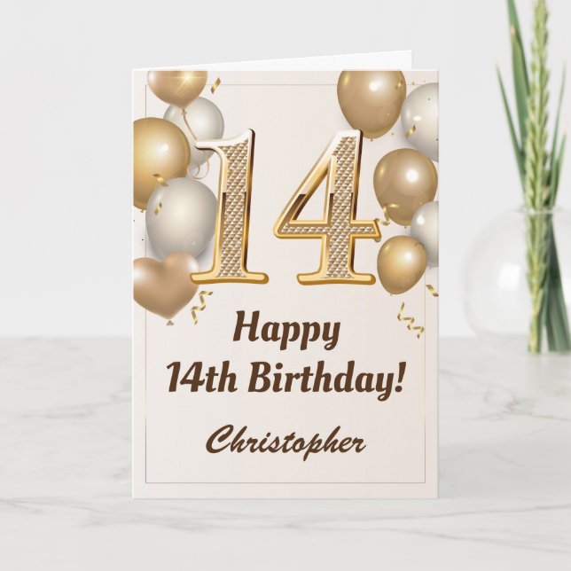 14th Birthday Gold Balloons and Confetti Birthday Card (Front)
