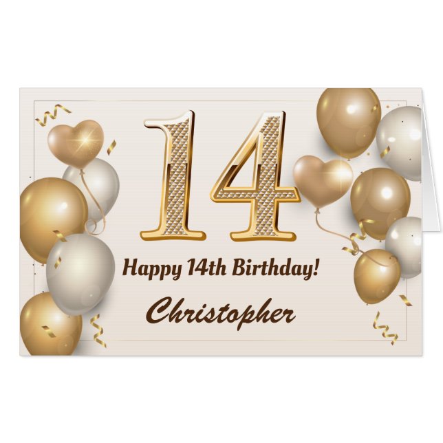 14th Birthday Gold Balloons Confetti Extra Large Card (Front Horizontal)