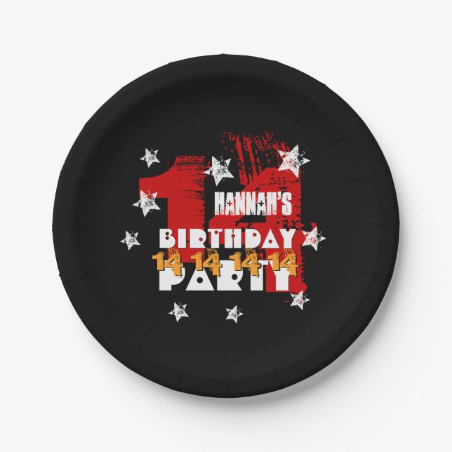 14th Birthday Grunge Black Red Gold White Stars Paper Plates (Front)