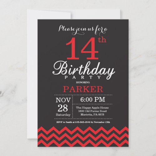 14th Birthday Invitation Black and Red