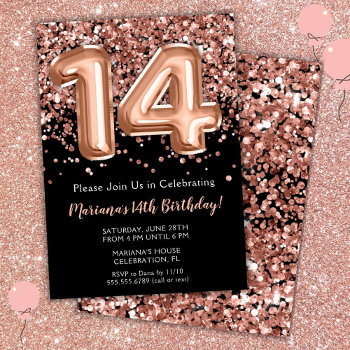 14th Birthday Invitation Black Rose Gold Glitter by WittyPrintables at Zazzle