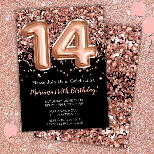 14th Birthday Invitation Black Rose Gold Glitter