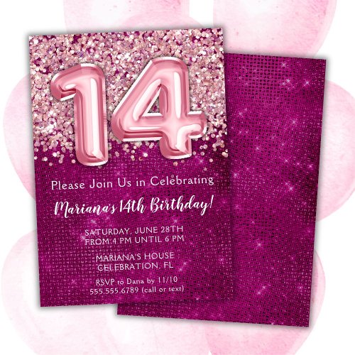 14th Birthday Invitation Girl Magenta Pink Glitter