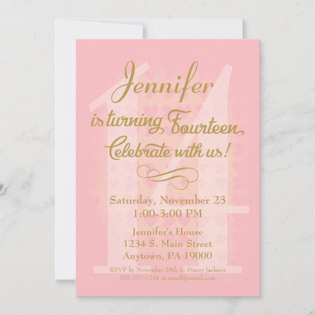 14th Birthday Invitation Girls Pink Gold Hearts (Front)