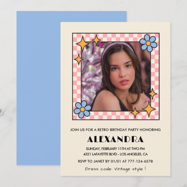 14th birthday invitation Retro Groovy Blue Floral (Front/Back)