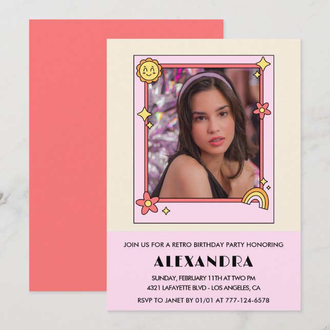 14th birthday invitation Retro Groovy Pink Floral (Front/Back)