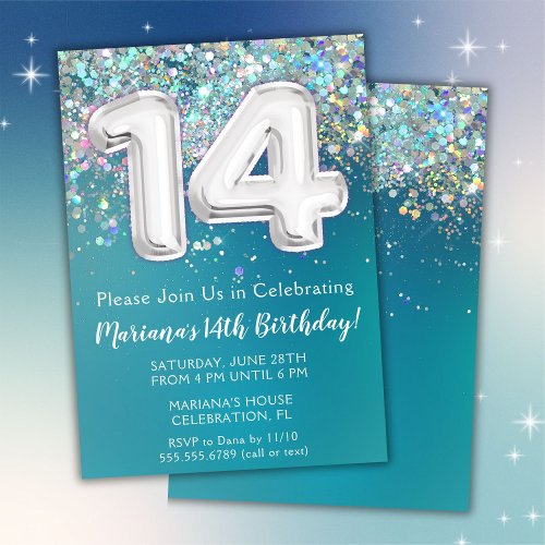 14th Birthday Invitation Teal Silver Glitter