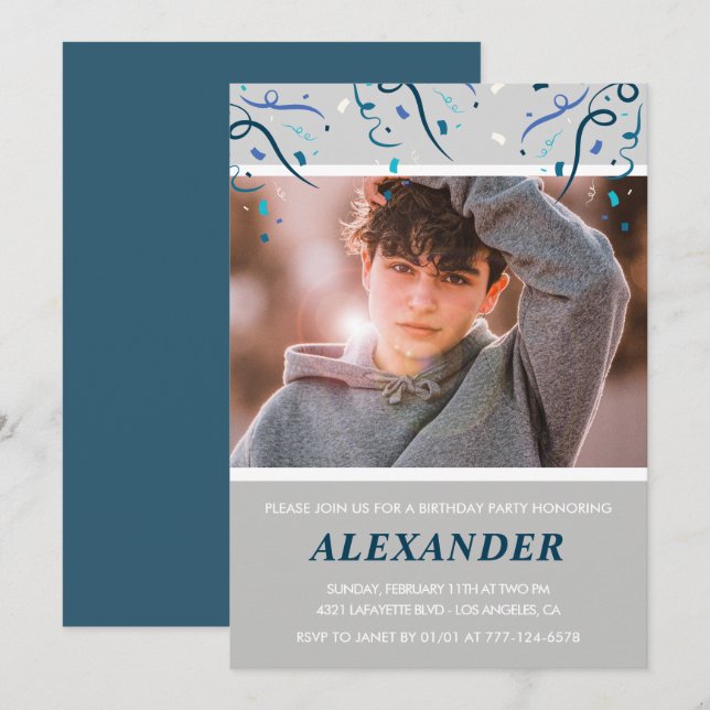 14th birthday invitations Boy Confetti Photo Navy (Front/Back)