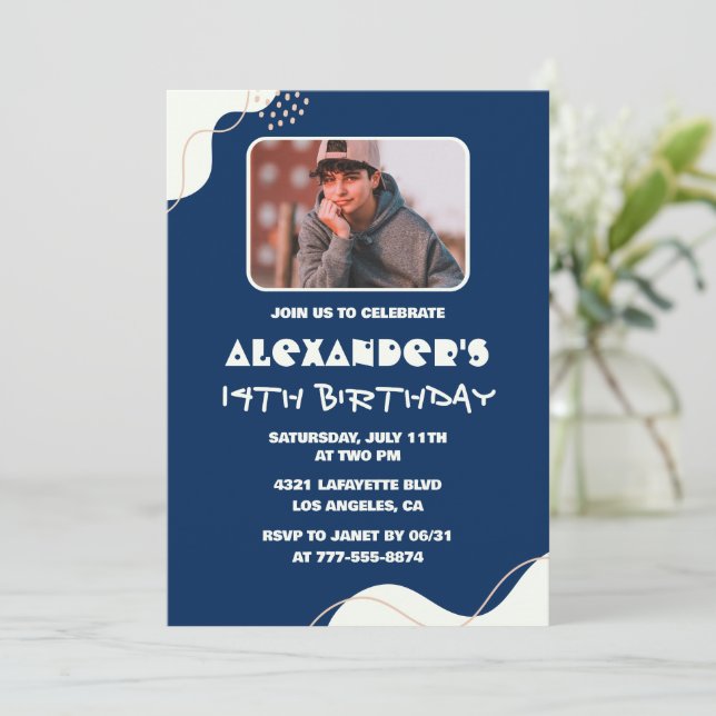14th birthday invitations Boy Photo Simple Navy  (Standing Front)