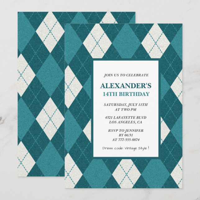 14th birthday invitations Boy Vintage Blue (Front/Back)