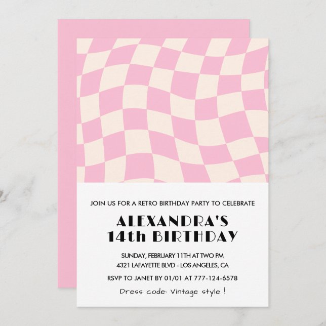 14th birthday invitations Checkered Retro Pink  (Front/Back)