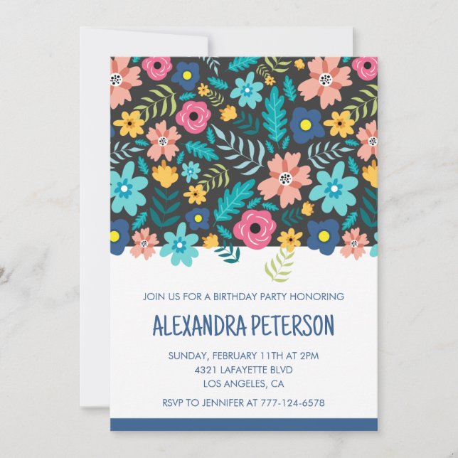 14th birthday invitations Floral Pattern Blue (Front)