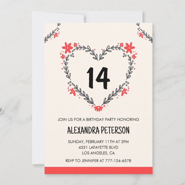 14th birthday invitations for her floral heart (Front)