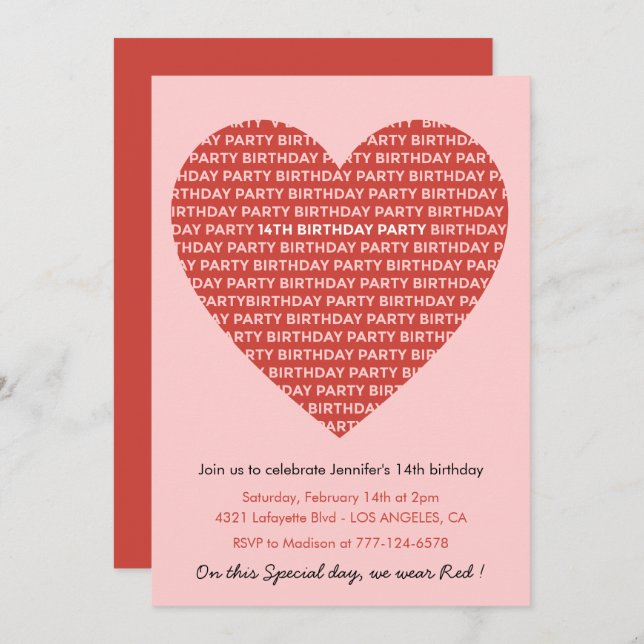 14th birthday invitations Modern Red Pink (Front/Back)