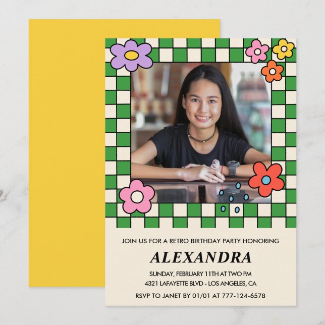 14th birthday invitations Retro Groovy Flowers (Front/Back)