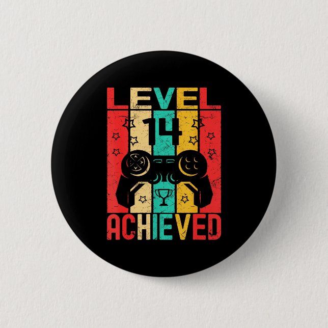 14th Birthday Level 14 Achieved Gamer Funny Birthd Button (Front)