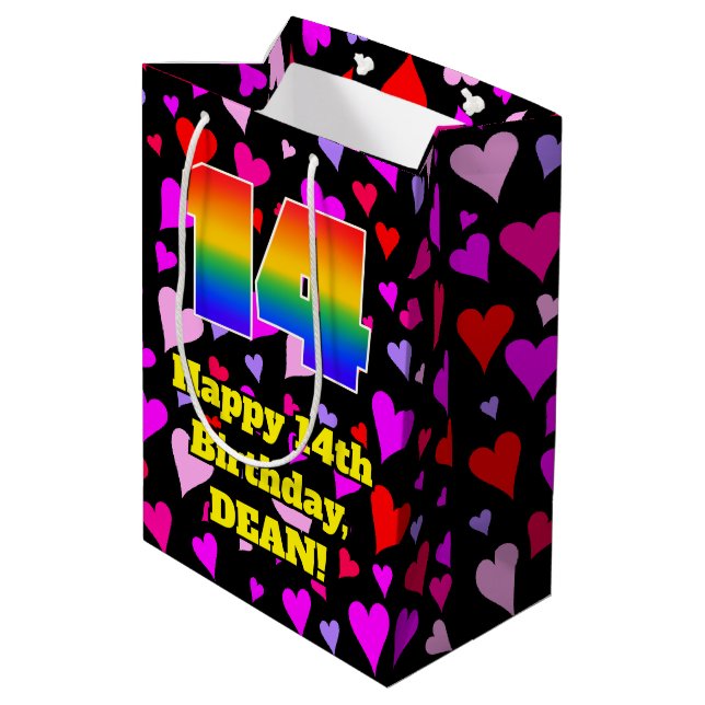 14th Birthday: Loving Hearts Pattern, Rainbow # 14 Medium Gift Bag (Back Angled)