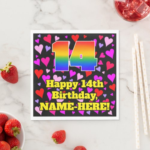 14th Birthday Loving Hearts Pattern Rainbow  14 Napkins