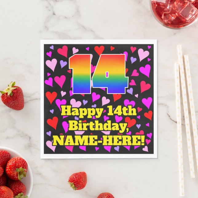 14th Birthday: Loving Hearts Pattern, Rainbow # 14 Napkins (Insitu)