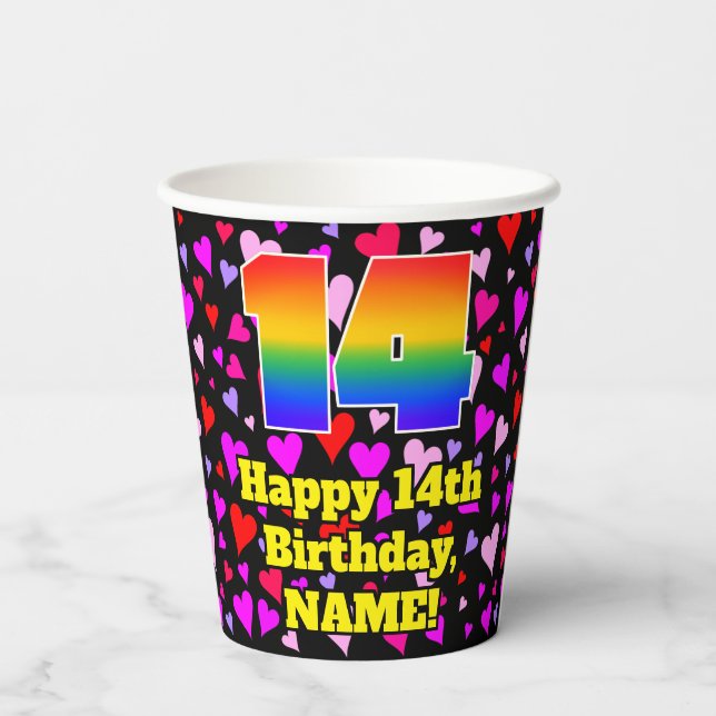 14th Birthday: Loving Hearts Pattern, Rainbow 14 Paper Cups (Back)