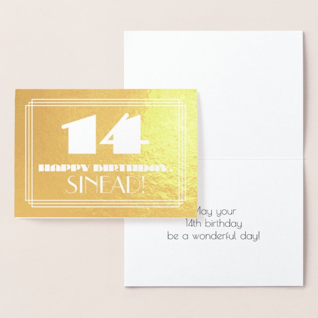 14th Birthday: Name + Art Deco Inspired Look "14" Foil Card (Display)
