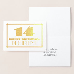 14th Birthday; Name + Art Deco Inspired Look "14" Foil Card