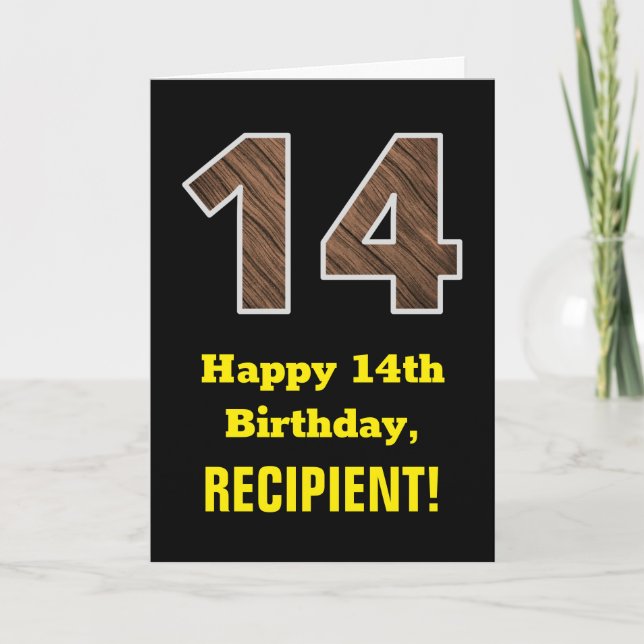 14th Birthday: Name, Faux Wood Grain Pattern "14" Card (Front)