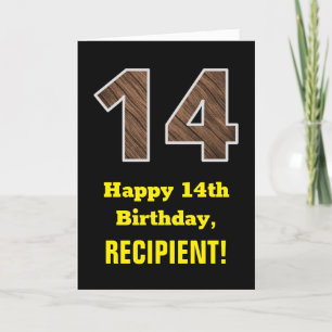 14th Birthday: Name, Faux Wood Grain Pattern "14" Card