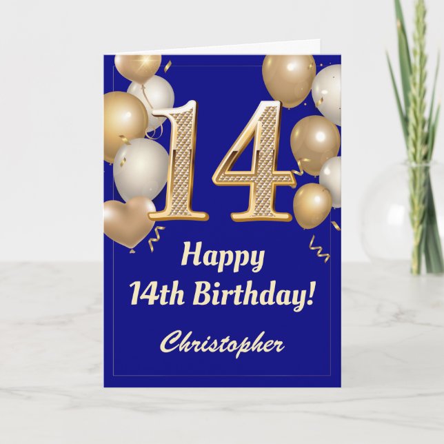 14th Birthday Navy Blue and Gold Balloons Confetti Card (Front)