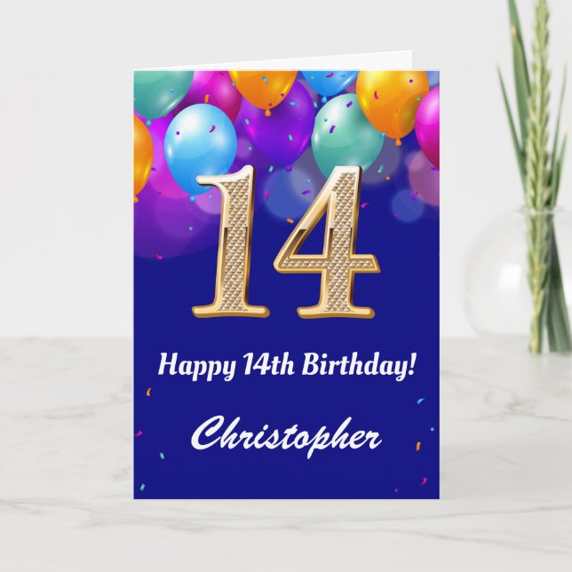 14th Birthday Navy Blue and Gold Colorful Balloons Card (Front)