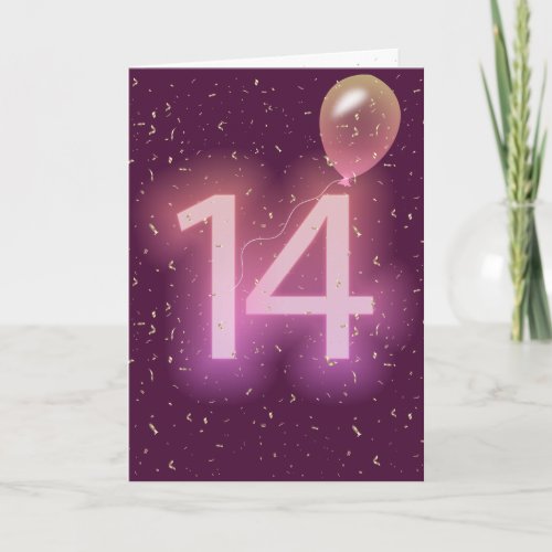 14th Birthday Neon Sign and Balloon Card