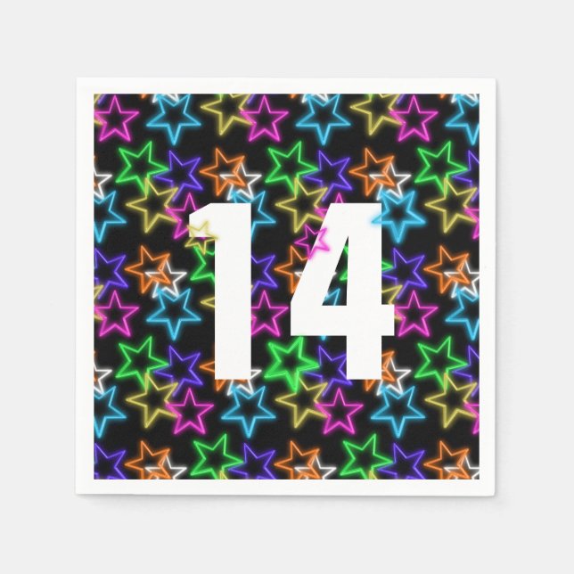 14th Birthday Neon Stars On Black  Napkins (Front)
