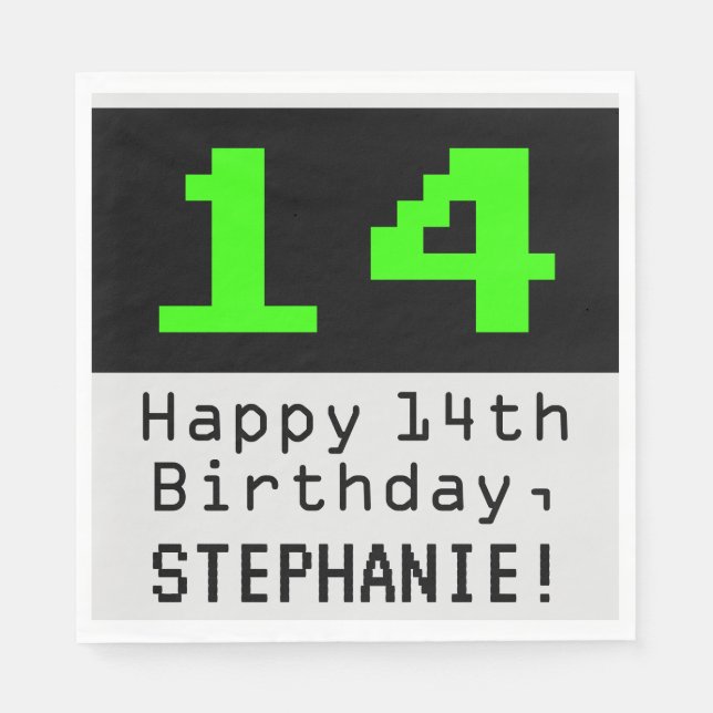 14th Birthday - Nerdy / Geeky Style "14" & Name Napkins (Front)