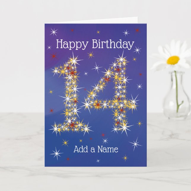 14th Birthday - Number 14 in Stars - Blue - Age 14 Card (Small Plant)