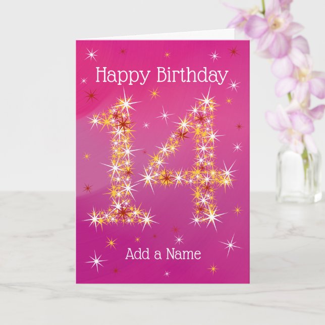 14th Birthday - Number 14 in Stars - Pink - Age 14 Card (Orchid)