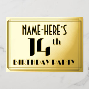 14th Birthday Party: Art Deco Look “14” and Name Foil Invitation