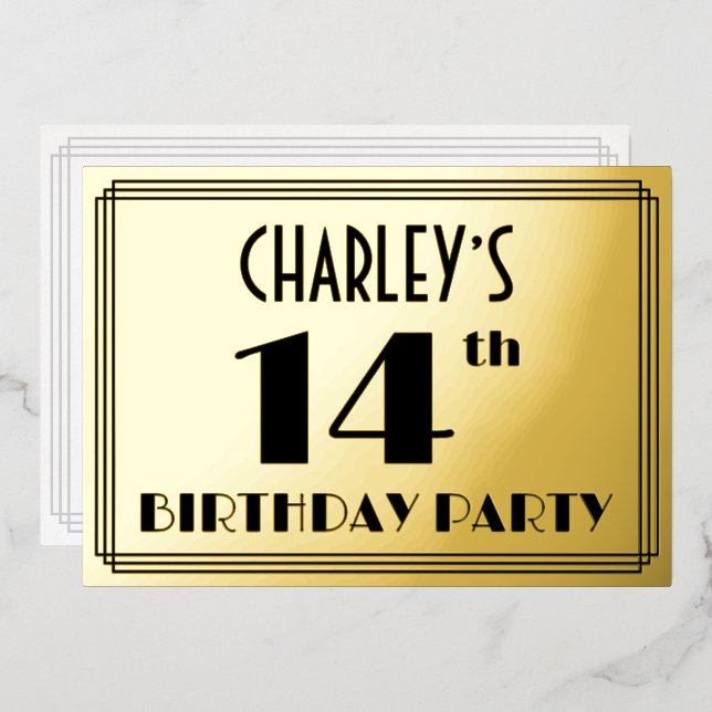 14th Birthday Party — Art Deco Look “14” + Name Foil Invitation (Front/Back)