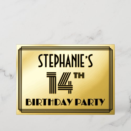 14th Birthday Party  Art Deco Style 14  Name Foil Invitation