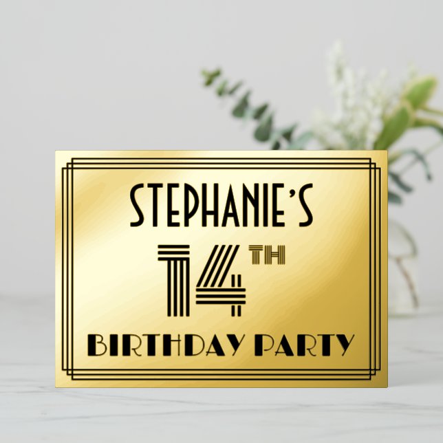 14th Birthday Party — Art Deco Style “14” & Name Foil Invitation (Standing Front)