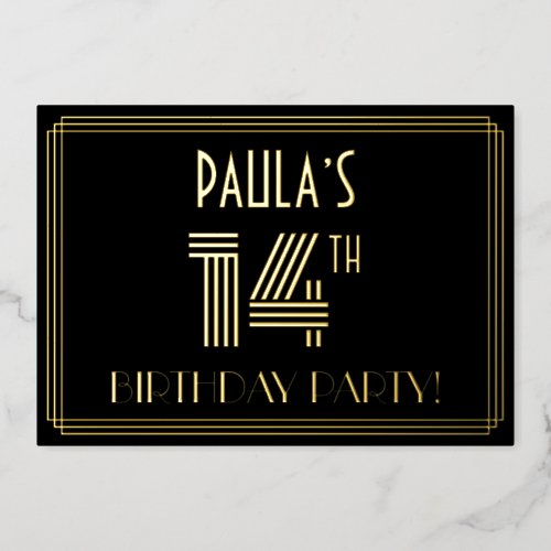 14th Birthday Party  Art Deco Style 14  Name Foil Invitation