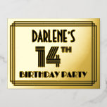 [ Thumbnail: 14th Birthday Party ~ Art Deco Style “14” + Name Postcard ]