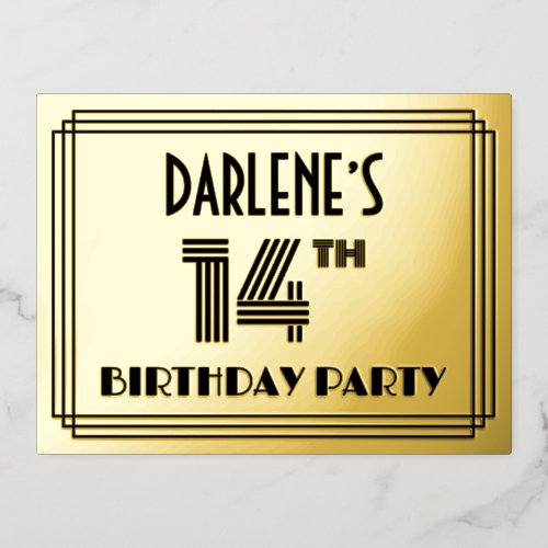 14th Birthday Party  Art Deco Style 14  Name Foil Invitation Postcard