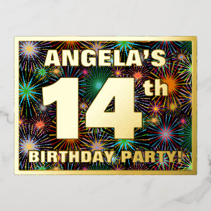 14th Birthday Party: Bold, Colorful Fireworks Look Foil Invitation Postcard