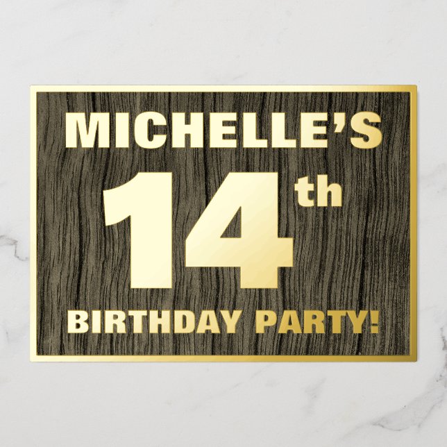 14th Birthday Party: Bold, Faux Wood Grain Pattern Foil Invitation (Front)