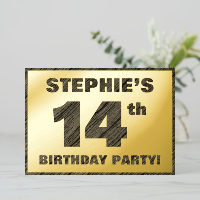 14th Birthday Party — Bold, Faux Wood Grain Text Foil Invitation (Standing Front)