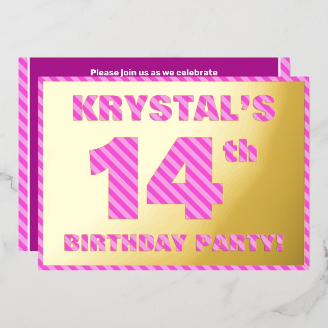 14th Birthday Party — Bold, Fun, Pink Stripes # 14 Foil Invitation (Front/Back)