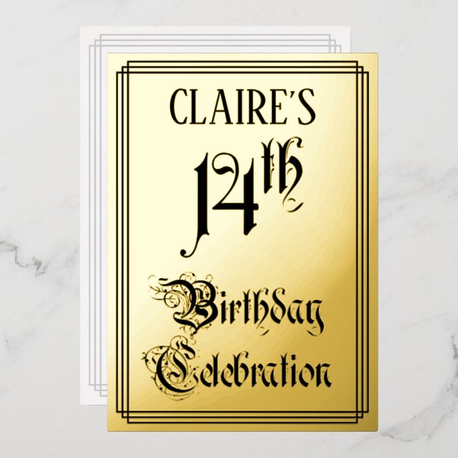 14th Birthday Party — Elegant Script + Custom Name Foil Invitation (Front/Back)