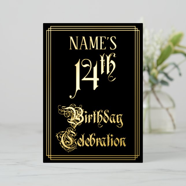 14th Birthday Party — Fancy Script & Custom Name Foil Invitation (Standing Front)